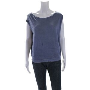 Sunday Tropez Womens Sleeveless Oversized Scoop Neck Linen Shirt Blue Size Small